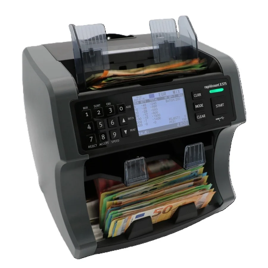 Schwarze rapidcount X575 Geldzählmaschine zählt und sortiert Euro-Banknoten mit Display, Tastenfeld und transparenten Führungen.