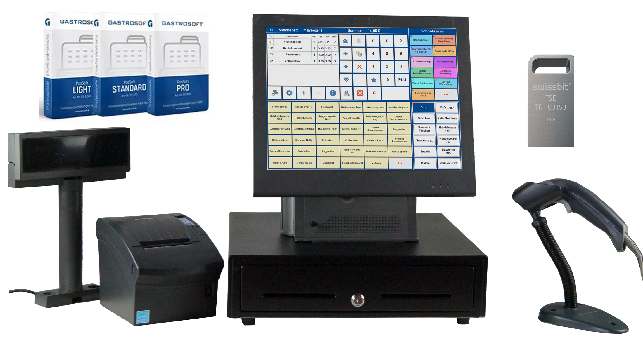 Handel Kassensystem 15 Zoll Touch IBM StarterSetplus + Barcode + Kassensoftware PosSoft + TSE-Paket Handel Kassensystem 15 Zoll Touch IBM StarterSetplus + Barcode + Kassensoftware PosSoft + TSE-Paket