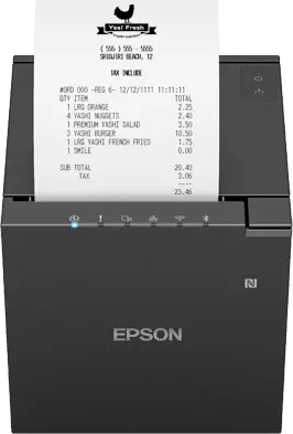 Schwarzer Epson Thermo-Bondrucker druckt einen Kassenbon, ideal für Gastronomie, Einzelhandel und Kassensysteme.