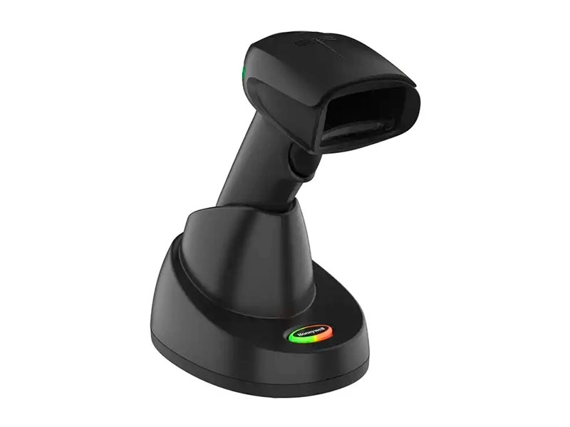 Schwarzer kabelloser Barcodescanner mit Ladeschale