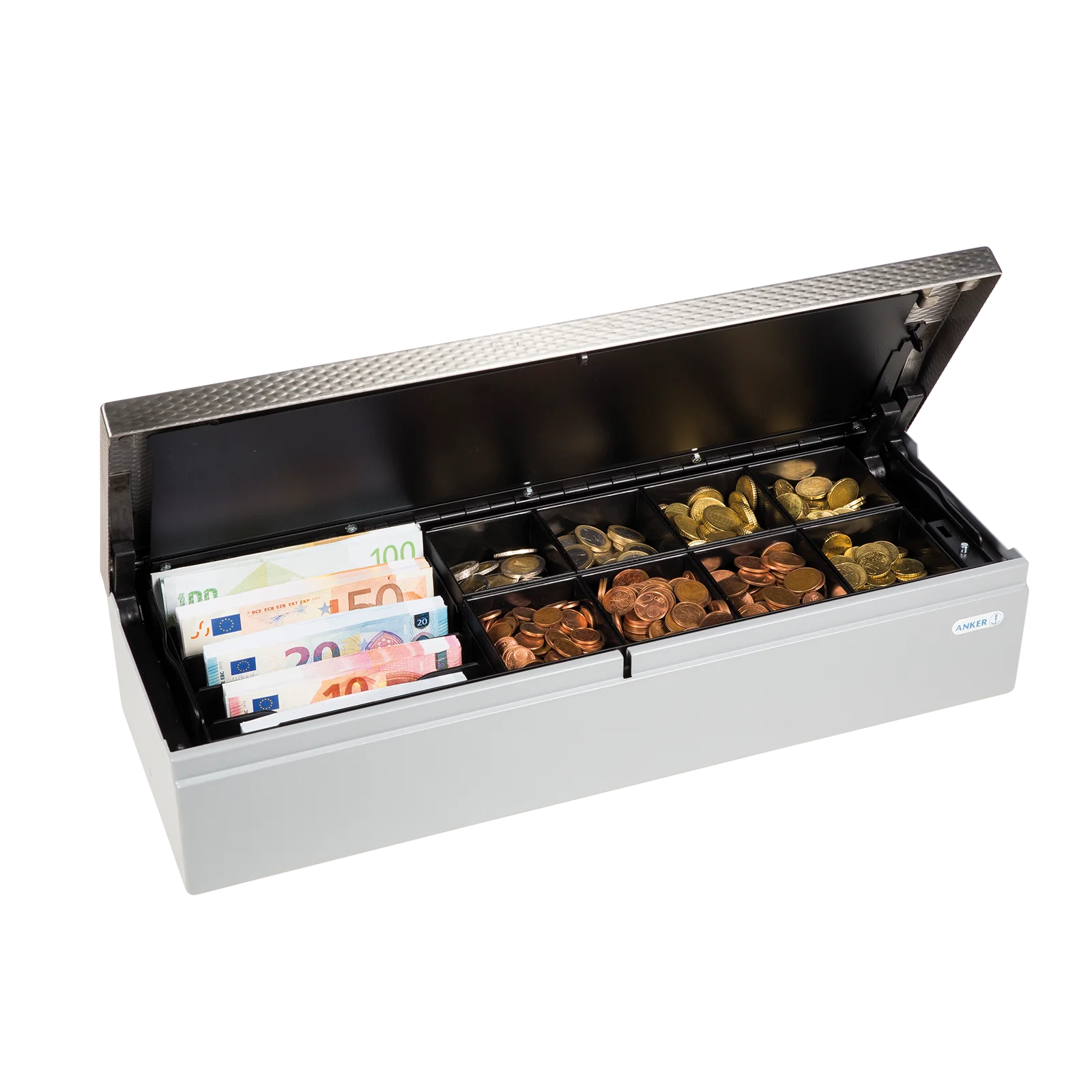 Offene Geldschublade mit Euro-Scheinen und Münzbehältern