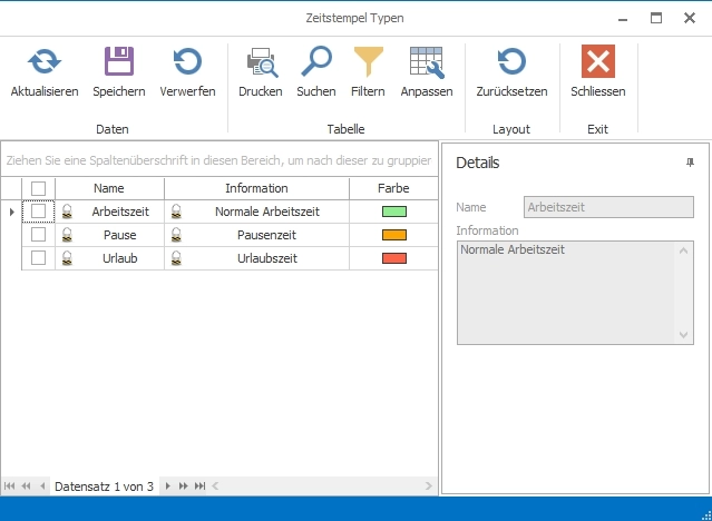 Screenshot einer Softwareoberfläche zur Verwaltung von Zeite