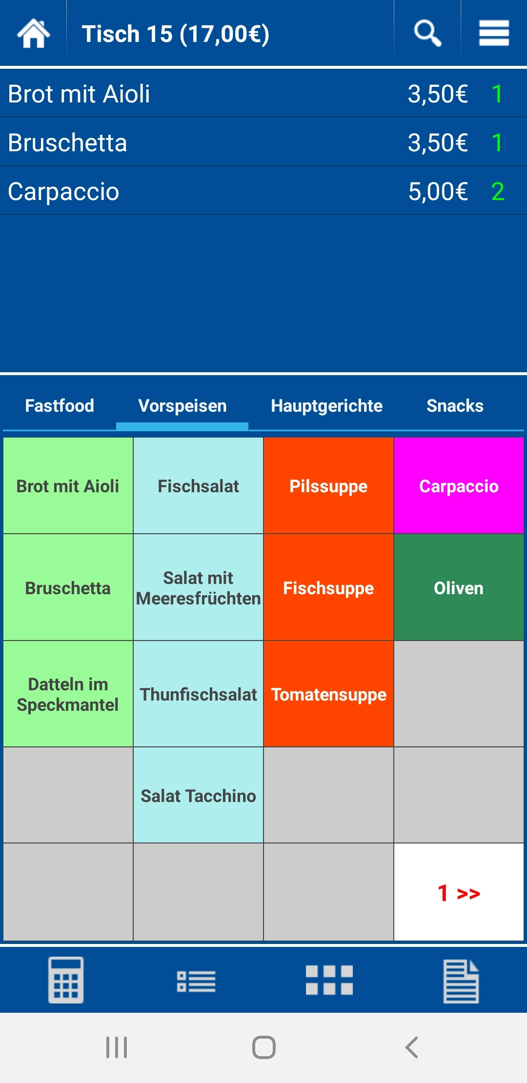 Bildschirm einer Kellner-App mit digitaler Speisekarte
