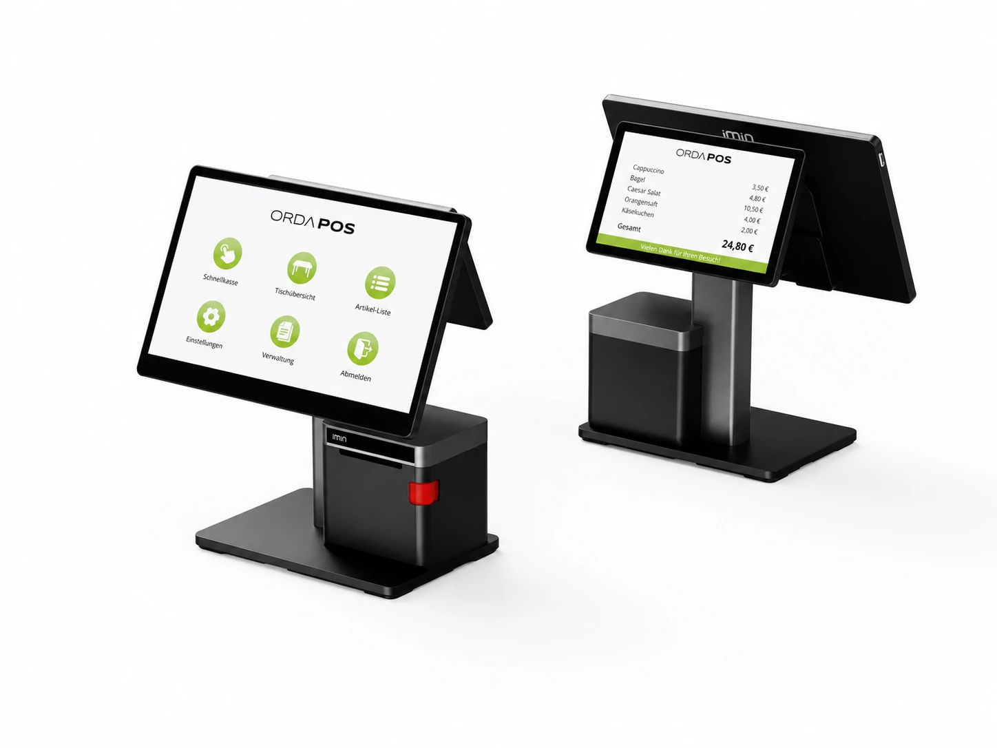 Modernes ORDA POS Kassensystem mit Touchscreen, Bondrucker und Kundendisplay für Gastronomie, Handel und Servicebetriebe