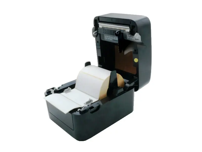Geöffneter Etikettendrucker mit eingelegter Etikettenrolle