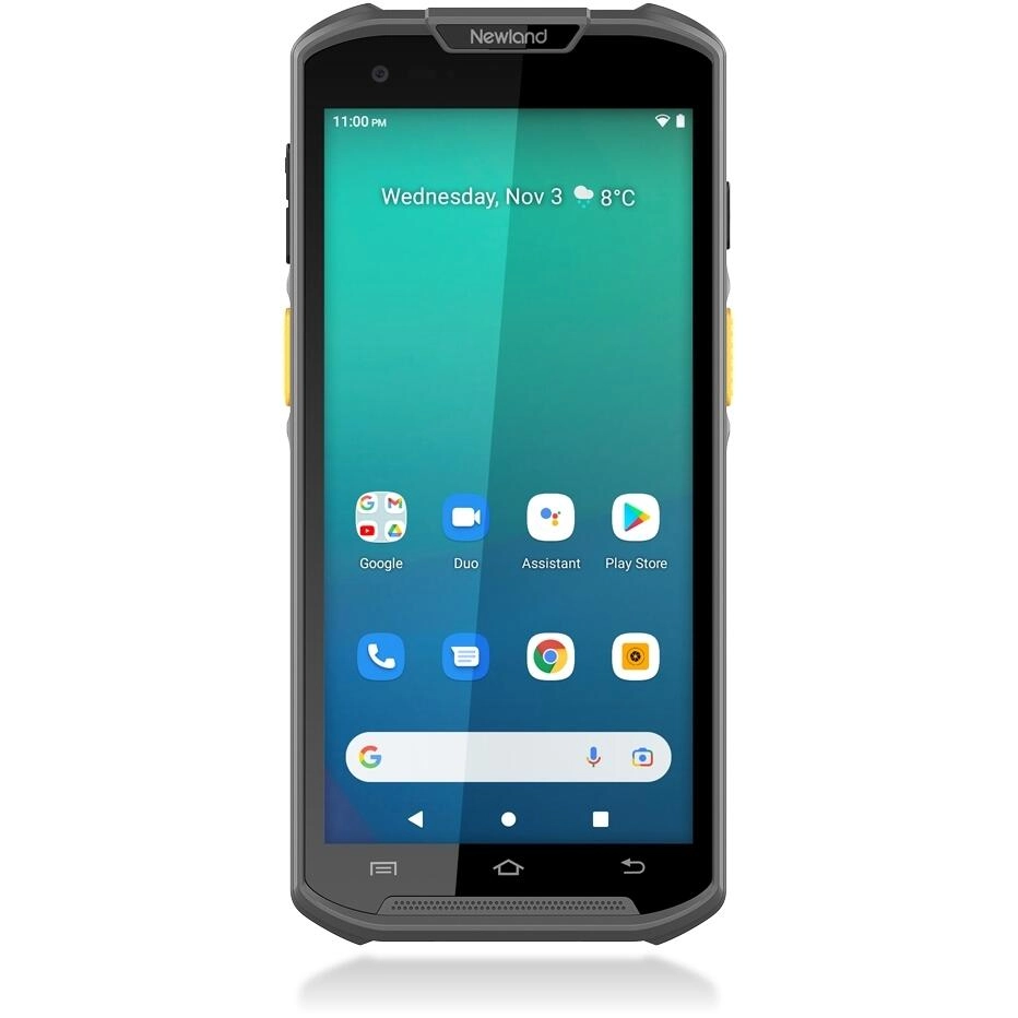 Frontansicht eines robusten Newland Android-Handhelds mit Touchscreen, App-Icons und Google-Suche für mobile Datenerfassung im E-Commerce