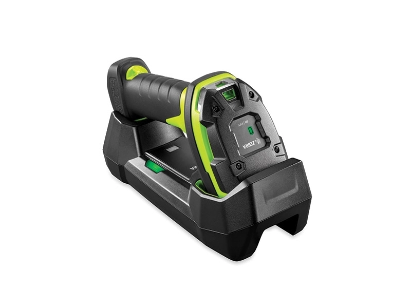 Zebra Industriescanner in Ladehalterung, seitliche Ansicht