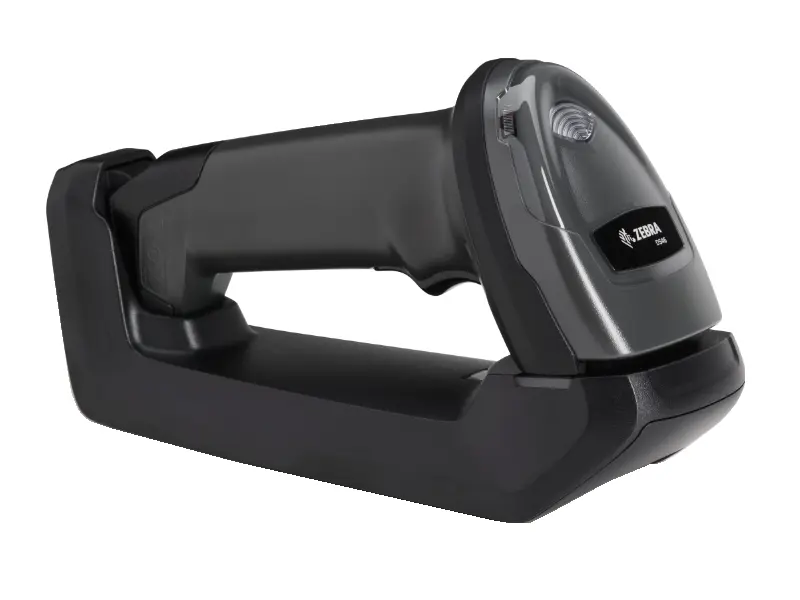 Schwarzer Zebra Funk-Barcode-Scanner auf Ladestation