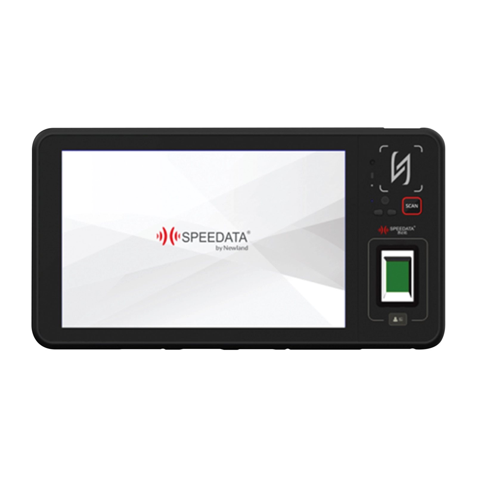 Front view of the rugged Newland FG80 Libra II 5G Android barcode tablet with 8-inch display, scan button and integrated 2D imager for logistics.