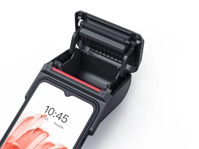 Offener mobiler Belegdrucker mit eingesetztem Smartphone