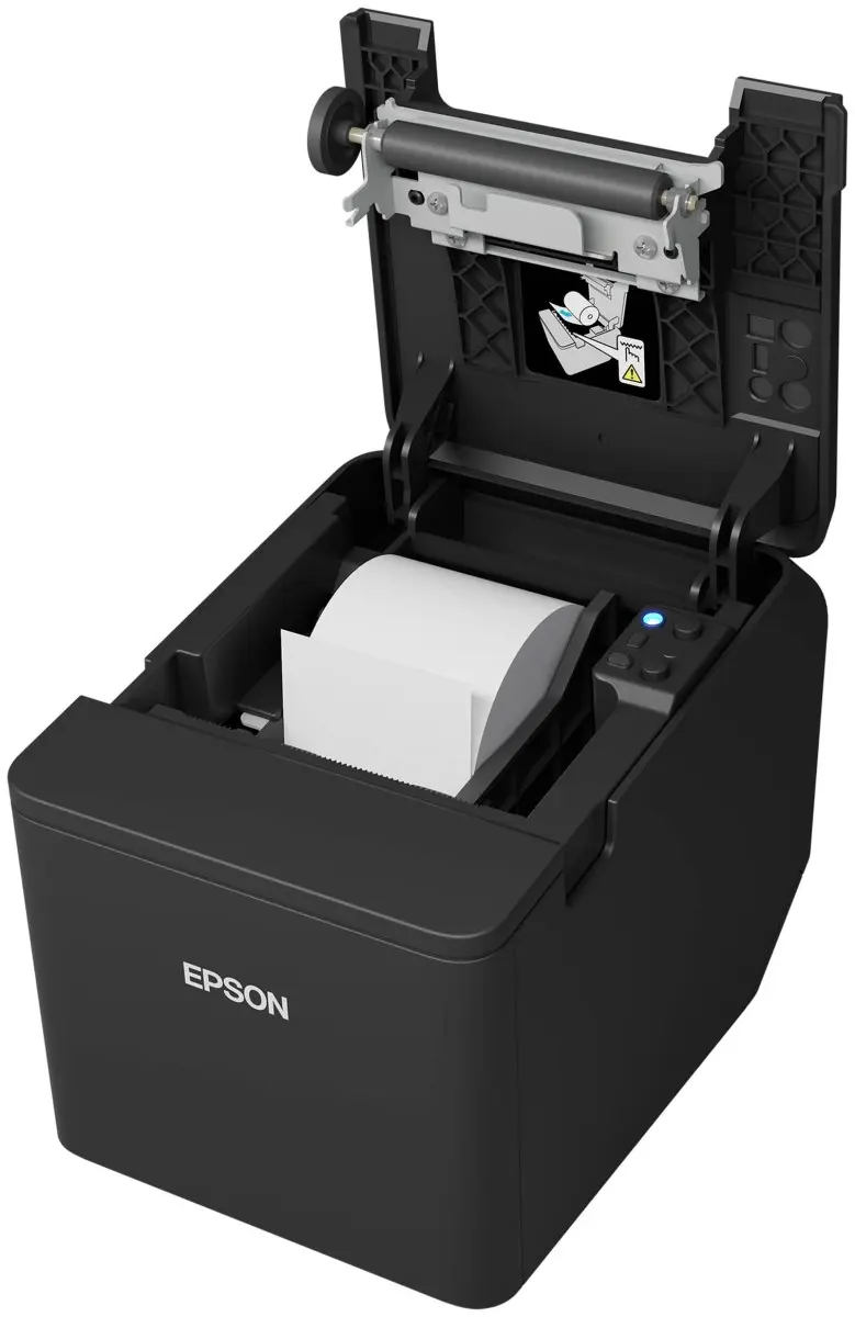Schwarzer Epson Thermobondrucker mit eingelegter Papierrolle
