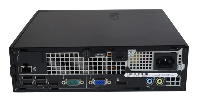 Rückseite eines kompakten Desktop-PCs mit vielen Anschlüssen