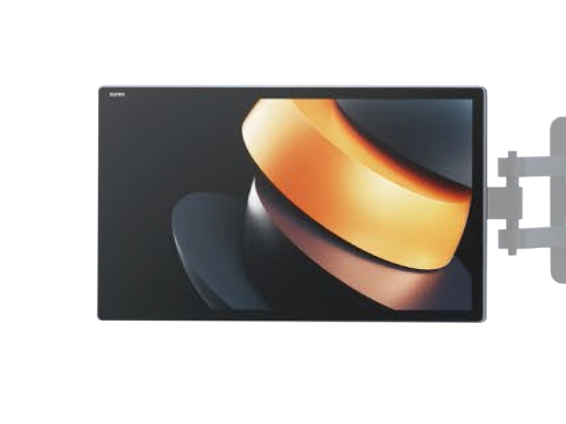Schwarzer Monitor mit abstraktem Displaymotiv an einer seitlichen schwenkbaren Wandhalterung für flexible Bildschirmmontage