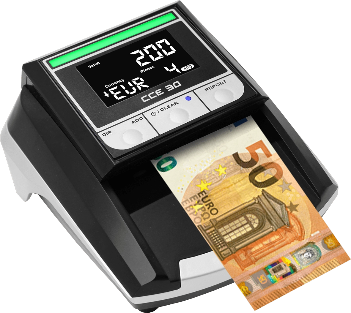 Schwarzer Banknotenzähler CCE 30 mit Display, grüner Prüfleiste und eingelegtem 50-Euro-Schein zum Zählen und Prüfen von Bargeld