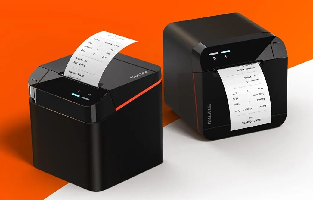 Zwei SUNMI Thermo-Bondrucker in Schwarz mit Kassenbeleg