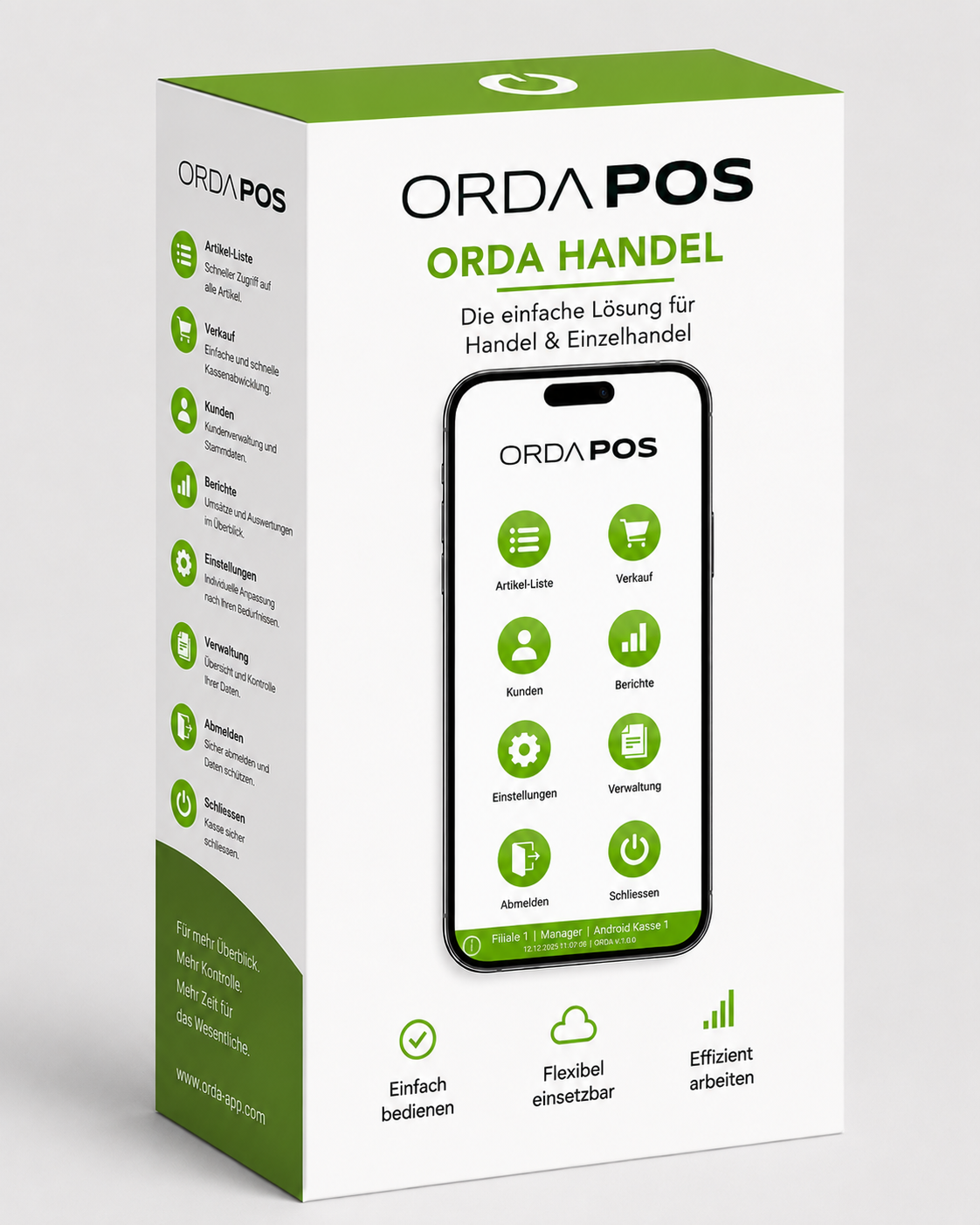 Produktverpackung von ORDA POS Orda Handel mit Smartphone-App für Kasse, Verkauf, Artikel, Kunden, Berichte und Verwaltung im Einzelhandel