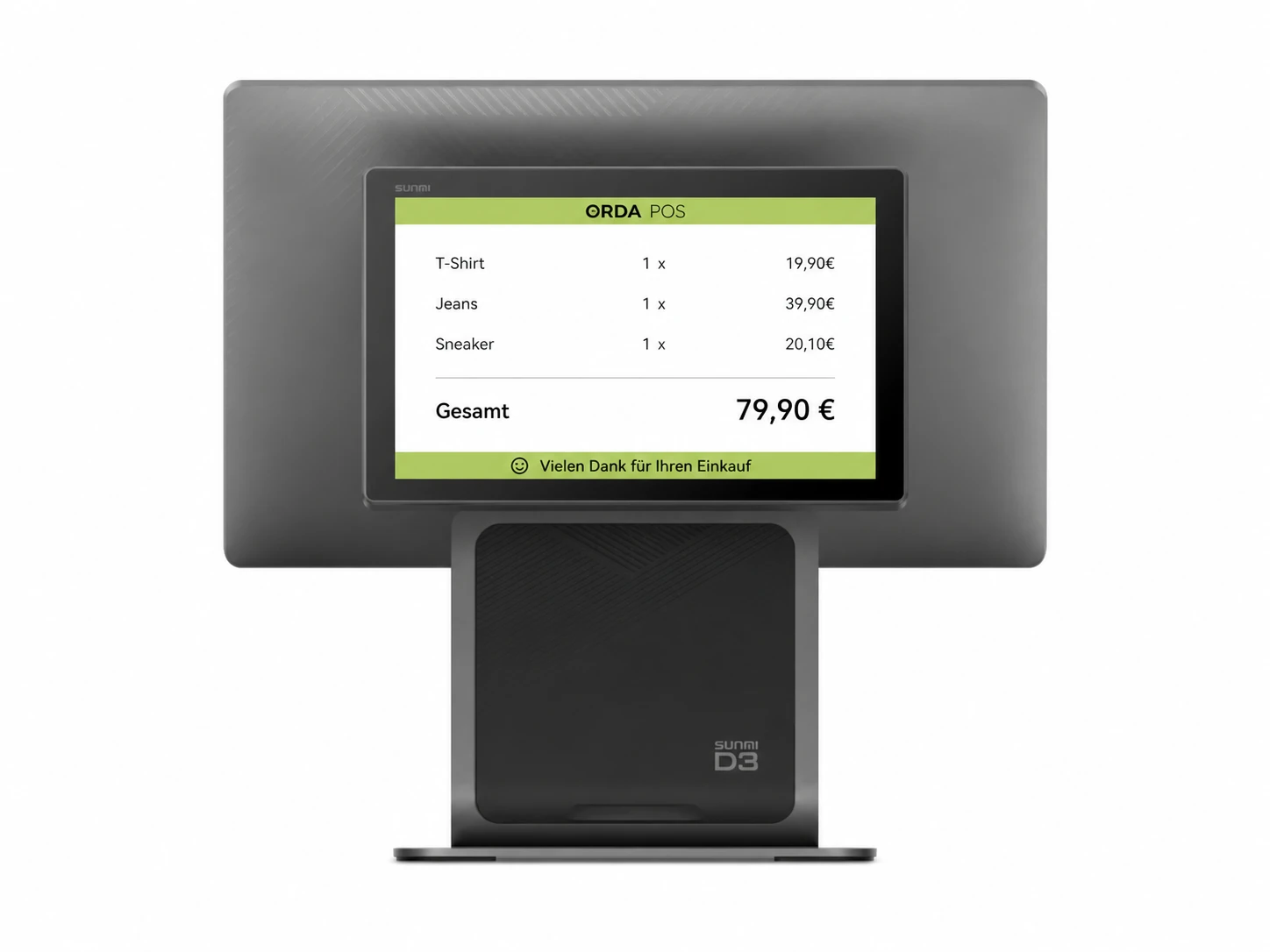Schwarzes SUNMI D3 POS-Kassensystem mit Kundendisplay, das ORDA POS Warenkorb und Gesamtbetrag 79,90 € für den Einzelhandel anzeigt