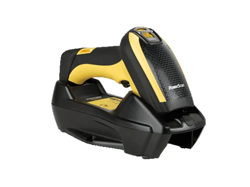 Gelb-schwarzer Funk-Barcode-Scanner in Ladestation