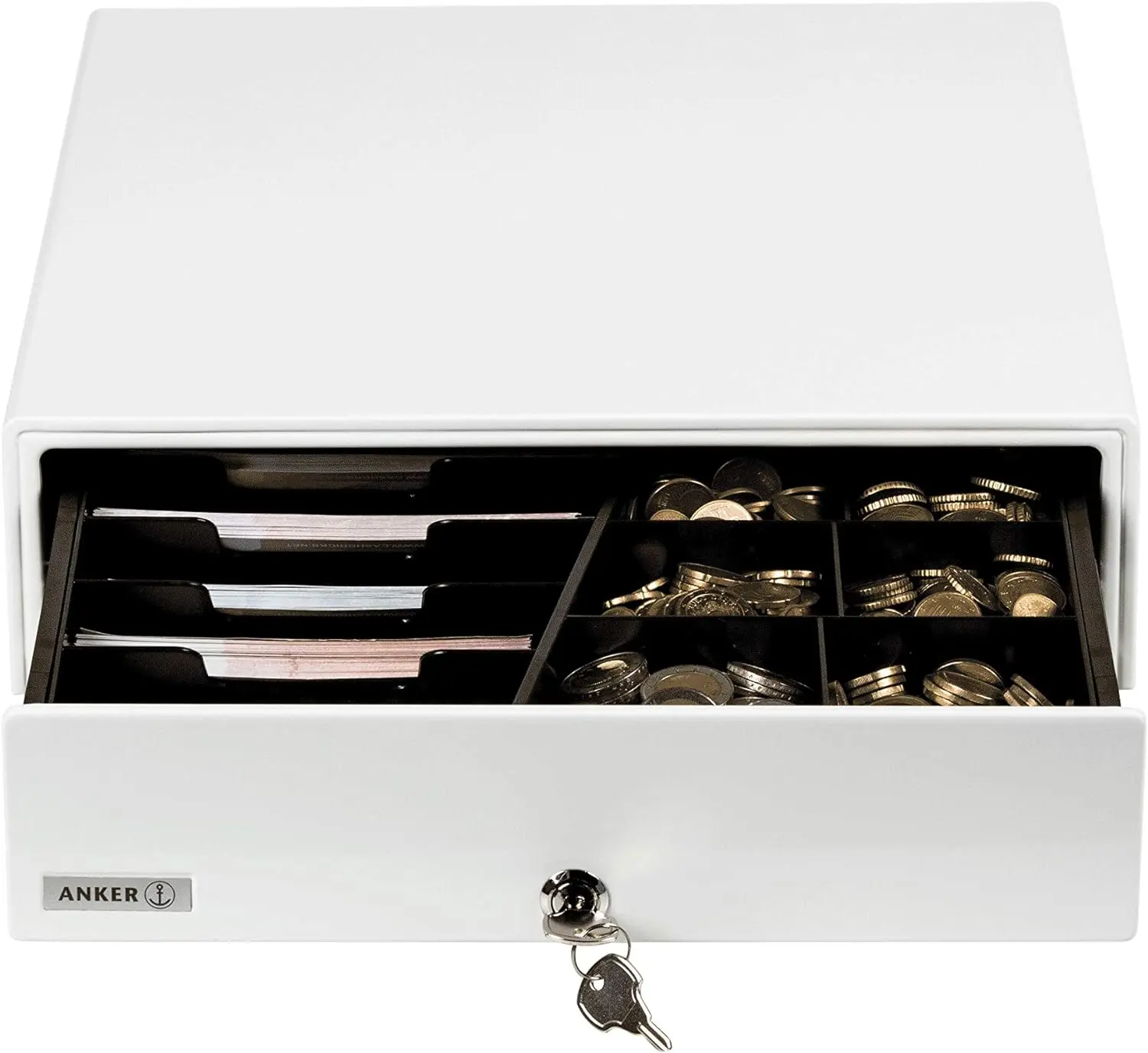 Weiße abschließbare ANKER Geldkassette mit Münz- und Scheinf