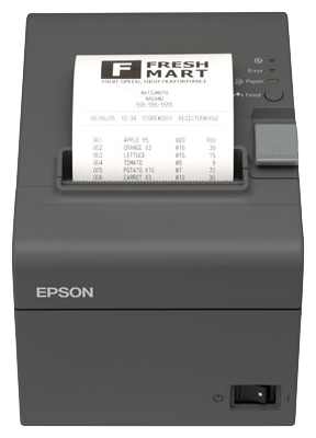 Schwarzer Epson TM-T20II Thermo-Bondrucker gebraucht mit Bon-Ausdruck, USB/RS232 oder USB/LAN für POS-Kassen in Handel und Gastronomie