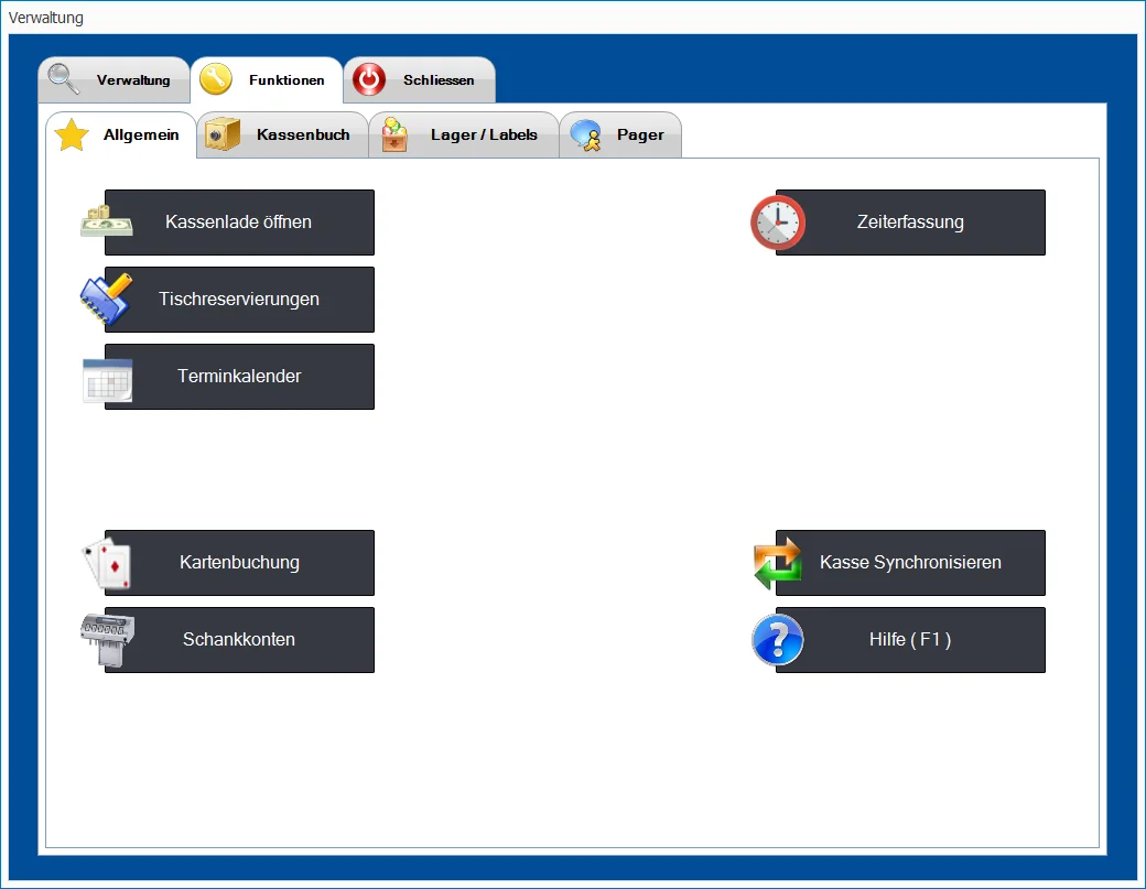 Bildschirmmaske Kassensoftware Verwaltung mit Funktionen
