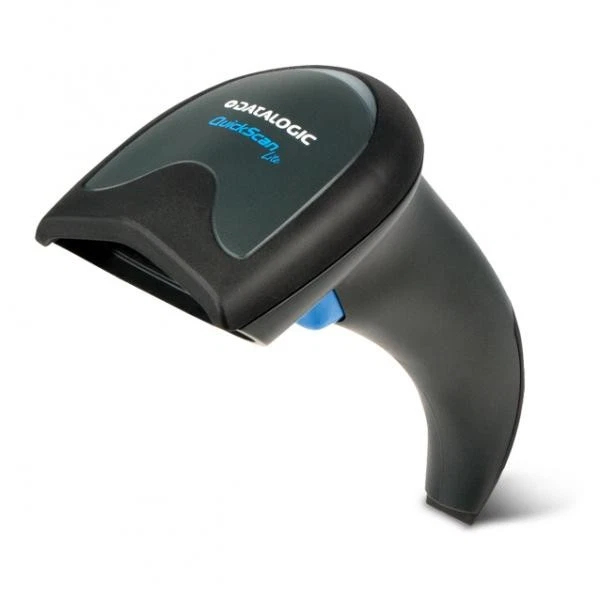 Datalogic QuickScan Lite Barcode-Scanner in Schwarz mit ergonomischem Griff und blauem Auslöser für Kasse, Lager und Einzelhandel