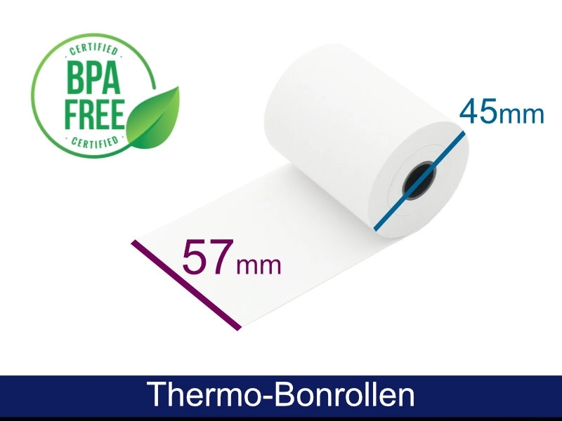 Weiße BPA-freie Thermo-Bonrolle 57 mm breit für 58-mm-Bondrucker, 25 m Lauflänge, 12-mm-Kern, MagicPOS 30er-Pack