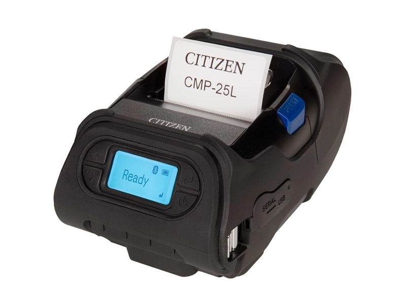 Citizen CMP-25L mobiler Bon- und Etikettendrucker 58 mm mit RS232, USB und Bluetooth, Display und eingelegtem Etikett