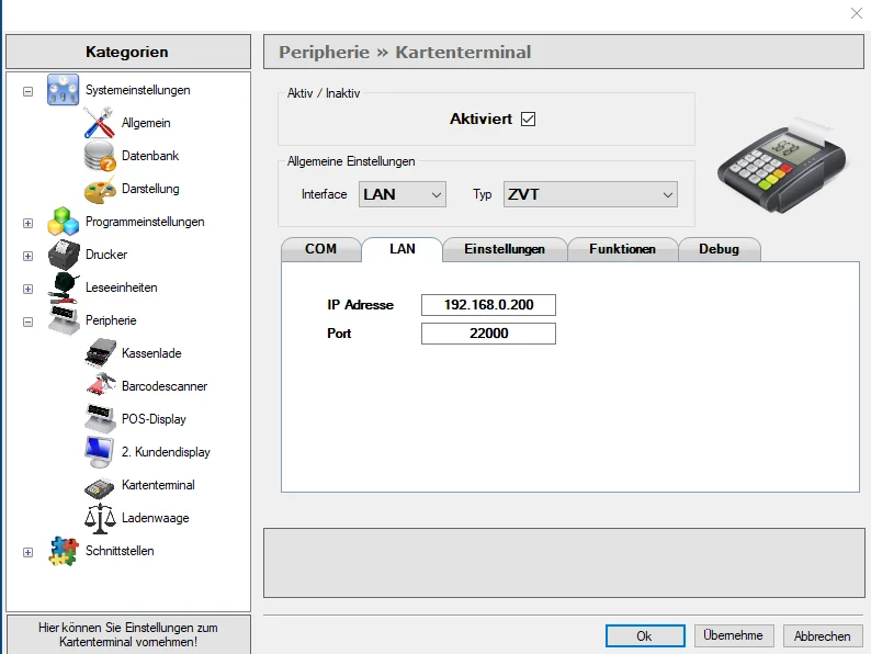 Softwaremaske zur LAN-Konfiguration eines ZVT-Kartenterminal