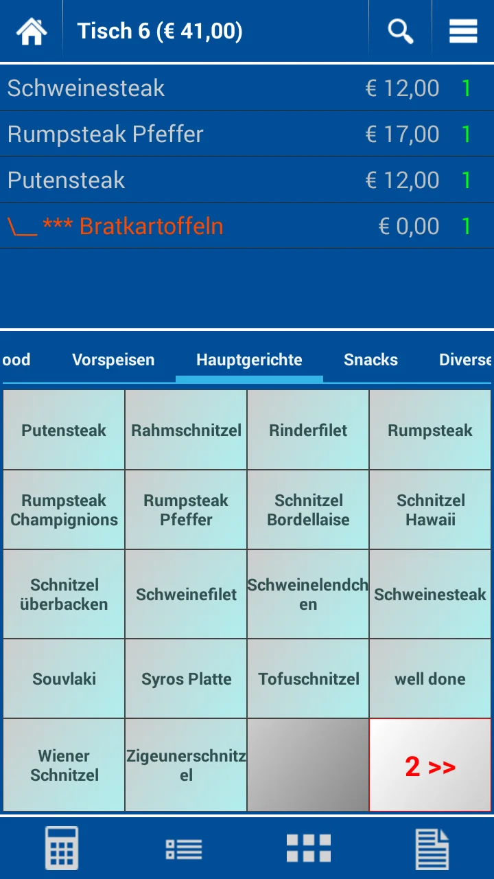 Screenshot Restaurantkasse mit Steaks und Schnitzel