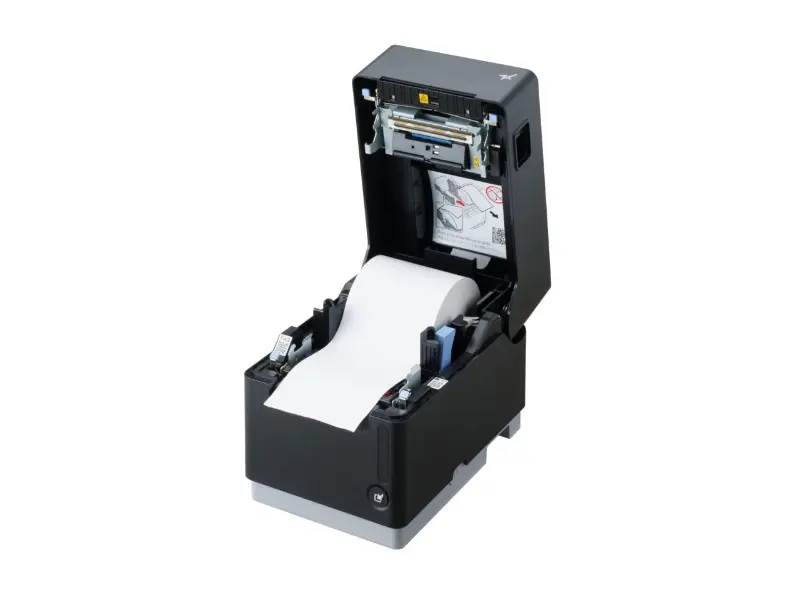 Offener Thermobondrucker mit eingelegter Papierrolle