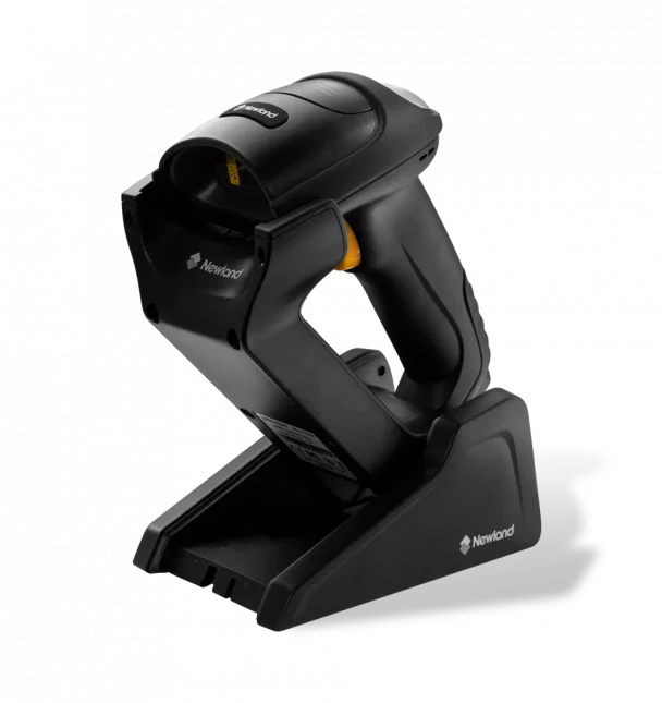 Schwarzer Newland Funk-Barcodescanner in Ladestation