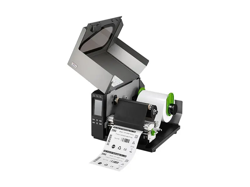 Geöffneter Industriedrucker druckt Etikettenrolle