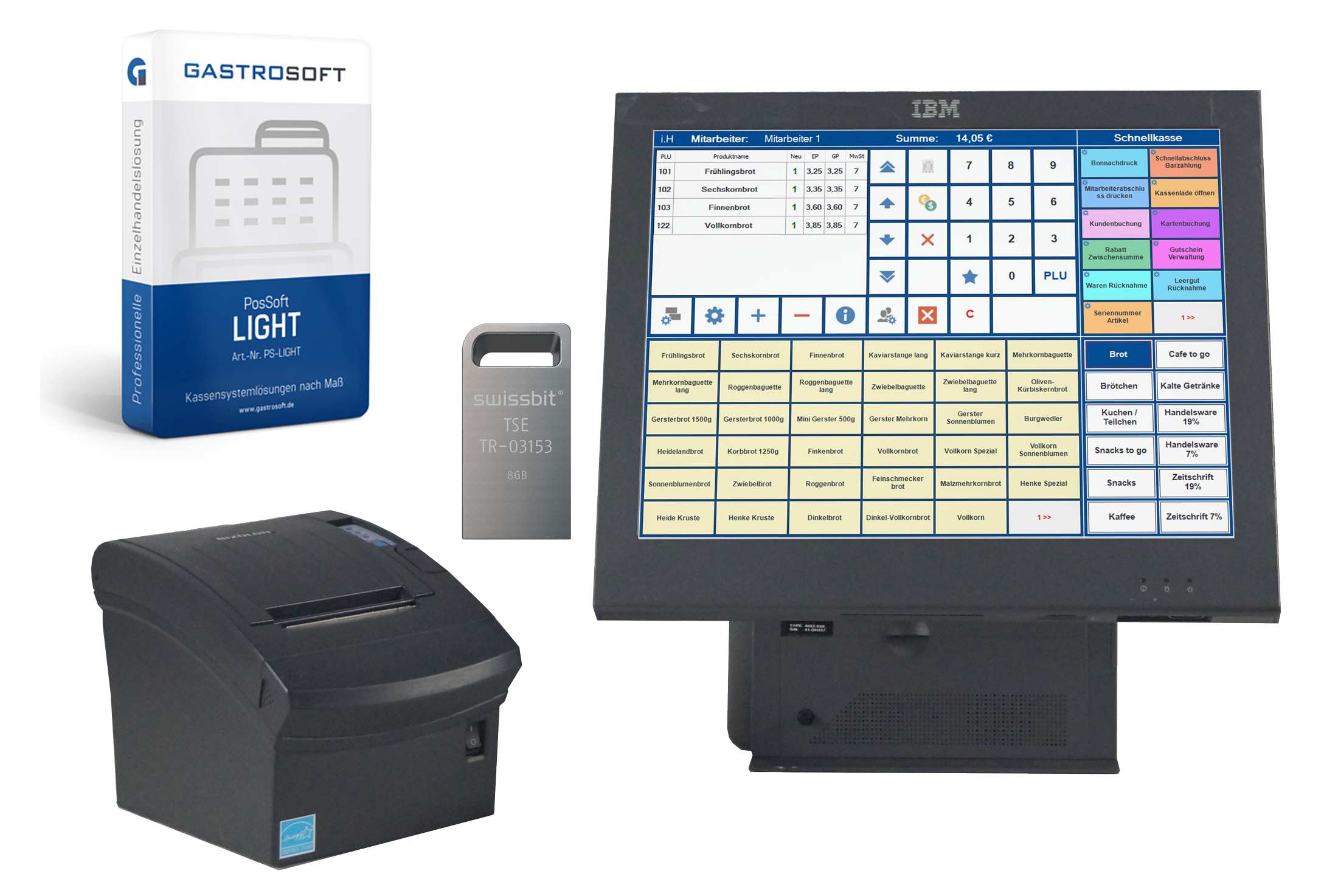 Handel Kassensystem 15 Zoll Touch IBM StarterSet + Kassensoftware PosSoft + TSE-VIP-Paket Handel Kassensystem 15 Zoll Touch IBM StarterSet + Kassensoftware PosSoft + TSE-VIP-Paket