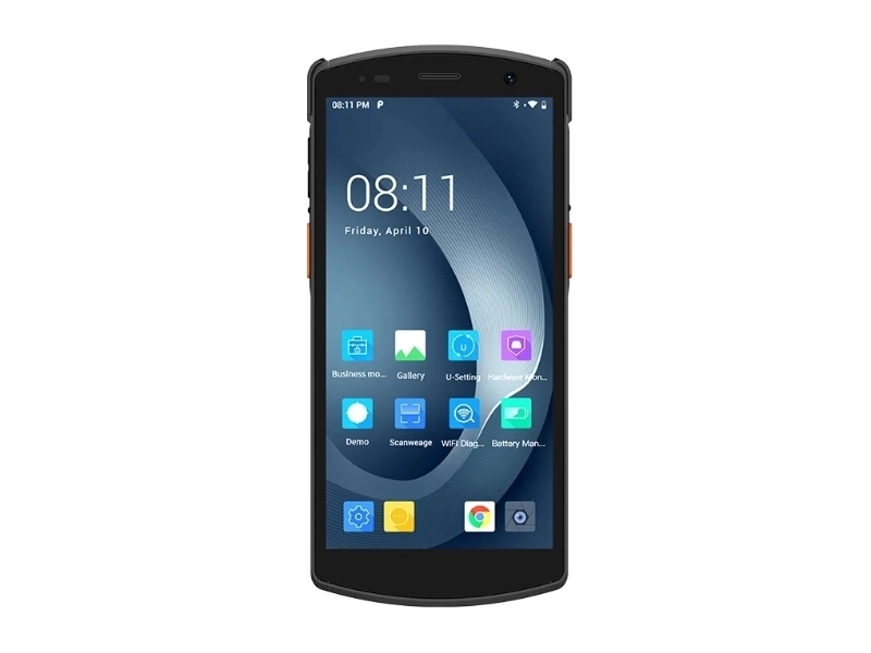 Frontansicht eines robusten Industrie-Smartphones mit schwarzem Gehäuse, Touchdisplay und Android-Startbildschirm für professionelle mobile Anwendungen
