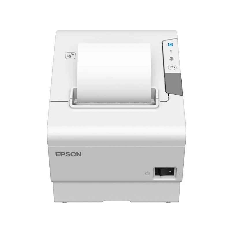 Weißer Epson Bondrucker mit eingelegter Papierrolle, Bedienfeld und Netzschalter, ideal für Kassensysteme und Belegdruck im Handel.