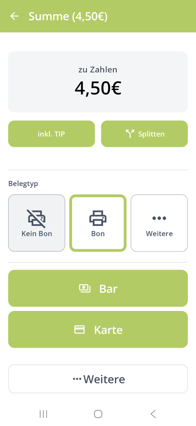 Screenshot einer Kassen-App: Zu zahlen 4,50 €, Bon ausgewählt, Zahlungsarten Bar, Karte und weitere Optionen sichtbar.