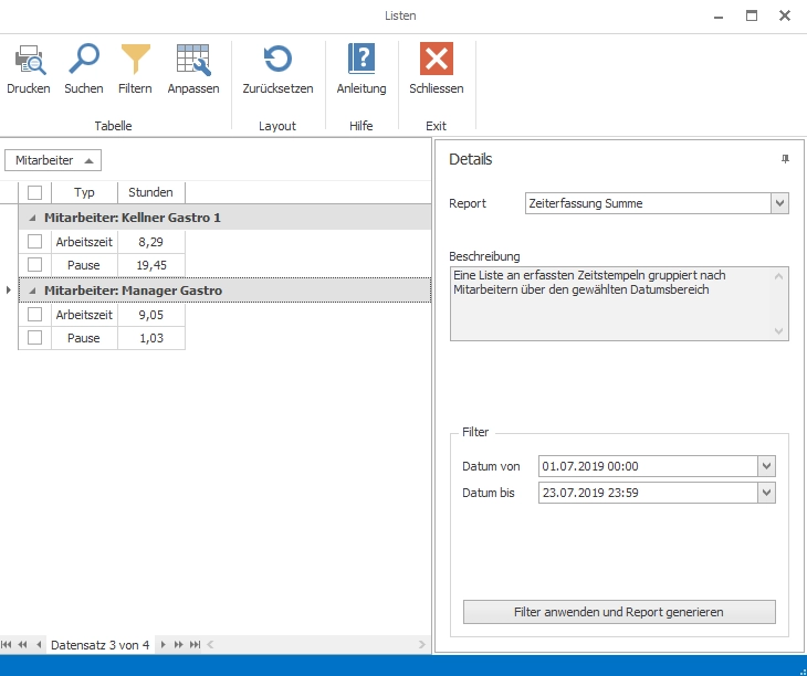 Screenshot einer Zeiterfassungssoftware mit Mitarbeiterliste