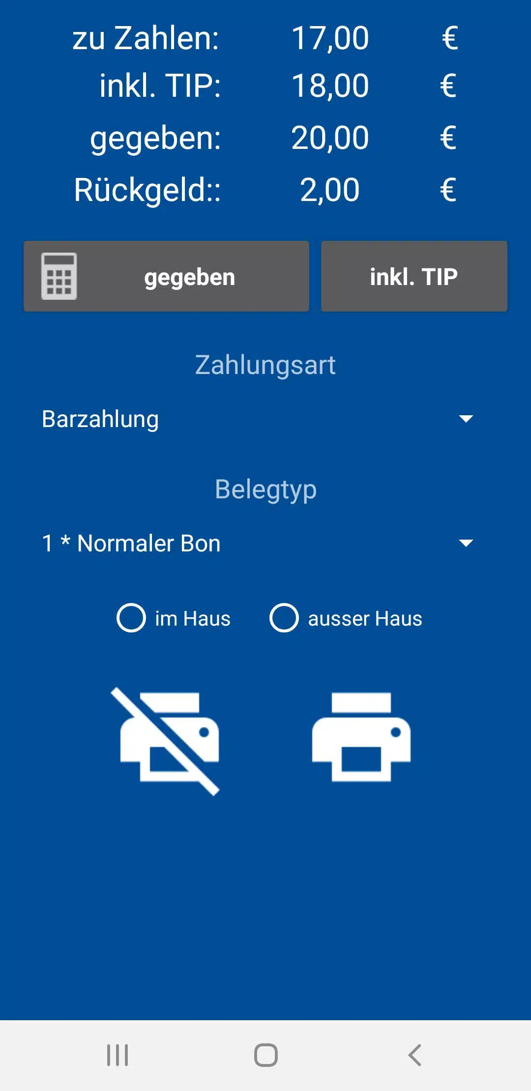 Blauer Kassensystem-Screen mit Barzahlung und Bonwahl
