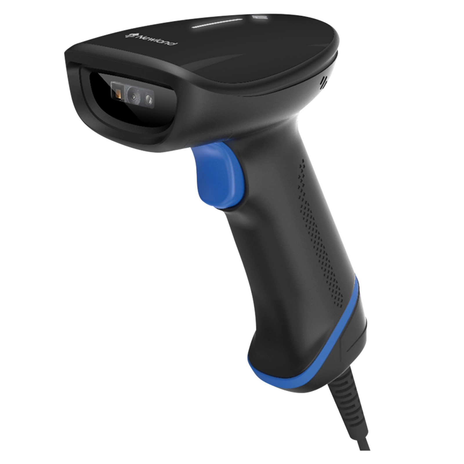 Schwarzer kabelgebundener 2D-Barcodescanner mit blauem Griff