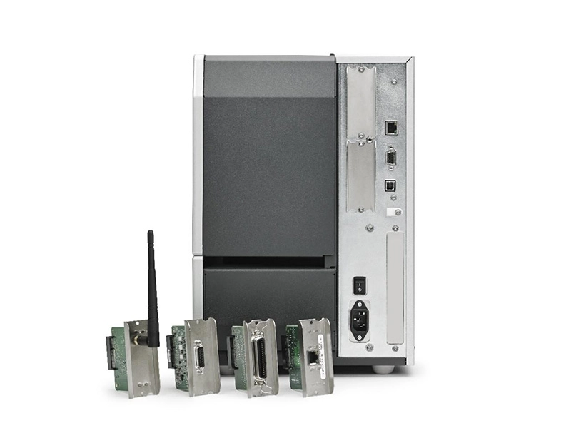 Zebra ZT610 Industrie-Etikettendrucker Rückansicht mit Schnittstellen und RFID-UHF-Modulen, Thermotransfer, 600 dpi, USB, RS232, Ethernet und Bluetooth