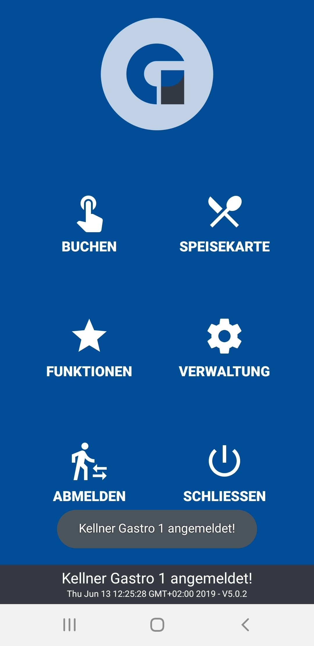 Startbildschirm einer Gastro-App mit Buchung, Speisekarte