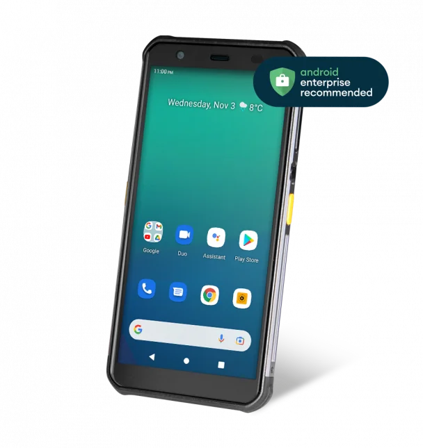 Schwarzes Android Smartphone mit Schutzhülle im Stand
