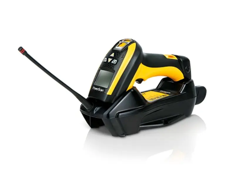 Kabelloser Barcodescanner in Ladestation, gelb-schwarz