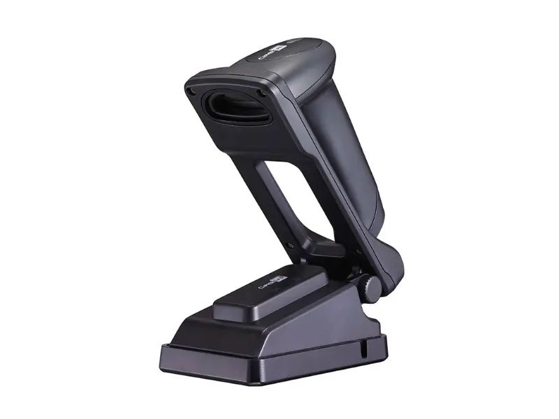 Schwarzer kabelloser Barcodescanner auf Ladestation