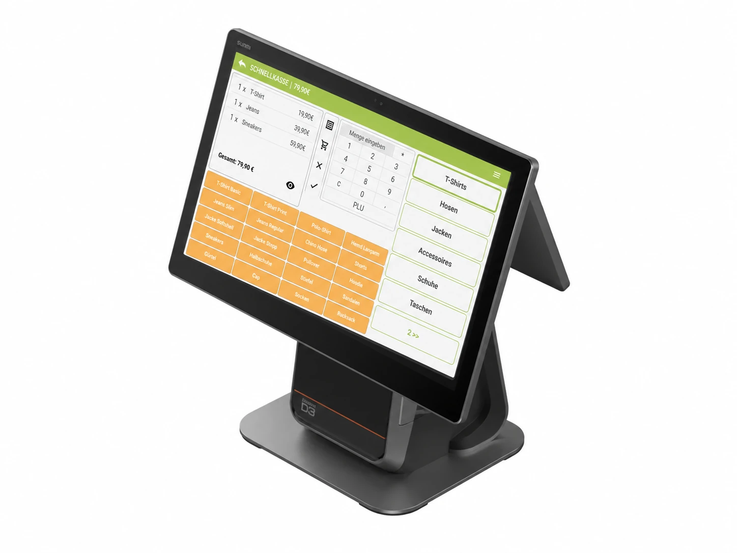 Schwarzes Sunmi POS-Kassensystem mit Touchscreen, Kundenanzeige und Schnellkassen-Oberfläche für Mode- und Einzelhandelsgeschäfte