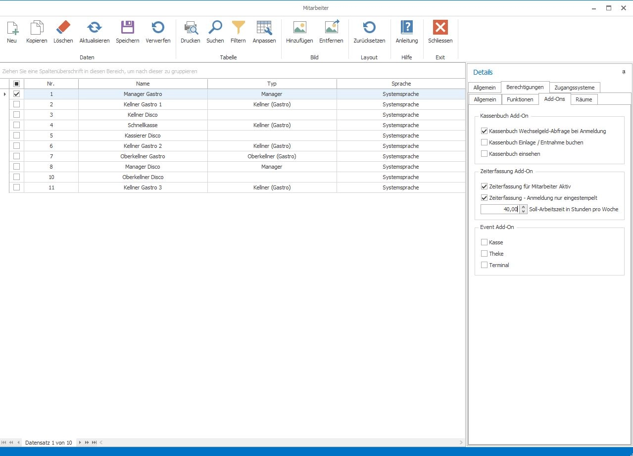 Software-Oberfläche zur Verwaltung von Gastro-Mitarbeitern