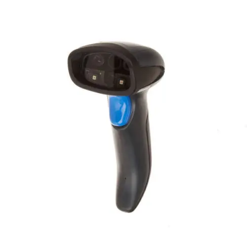 Schwarzer Barcode-Handscanner mit blauem Griff