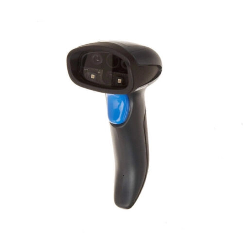 Schwarzer Barcode-Handscanner mit blauem Griff