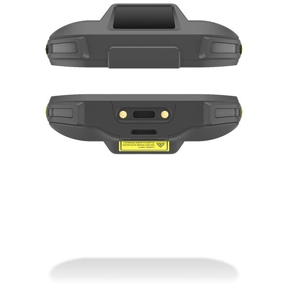 Schwarzer robuster Handheld-Scanner mit Display, seitlichen Bedienelementen und Anschlüssen, Produktansicht von oben und unten
